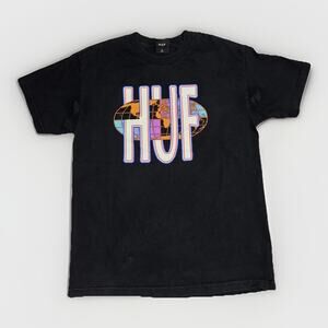 HUF Skateboarding World Graphic T-Shirt Black Large 21x28 Streetwear Logo Tee